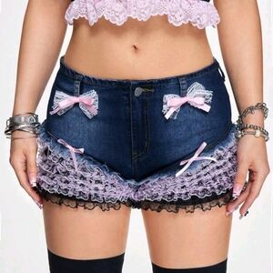 ROMWE Blue and Pink Jean Shorts with Lace Trim and Bow Accents